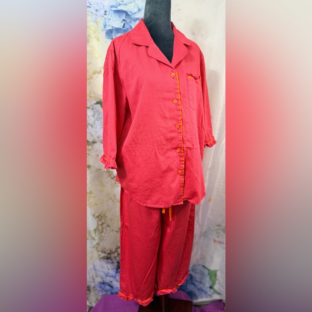Cabernet watermelon pink Orange Ribbon trim & Polka Dot Pajama Set ruffle trim